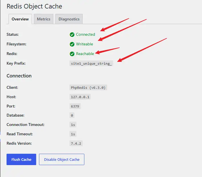 Redis Object Cache dashboard status